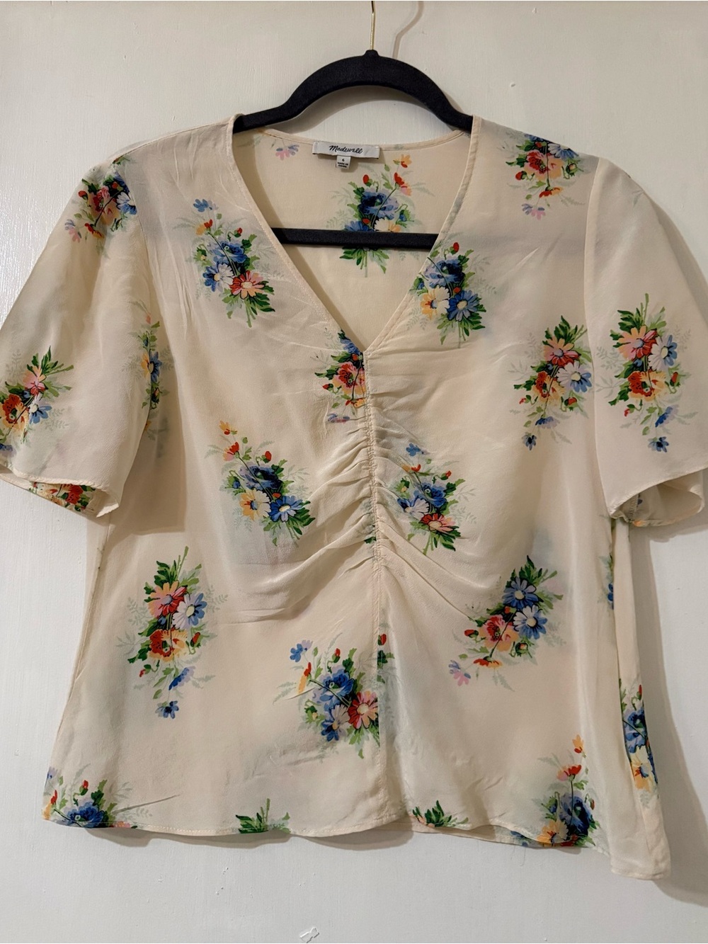 Madewell Cream Floral Ruched V-Neck Silk Top